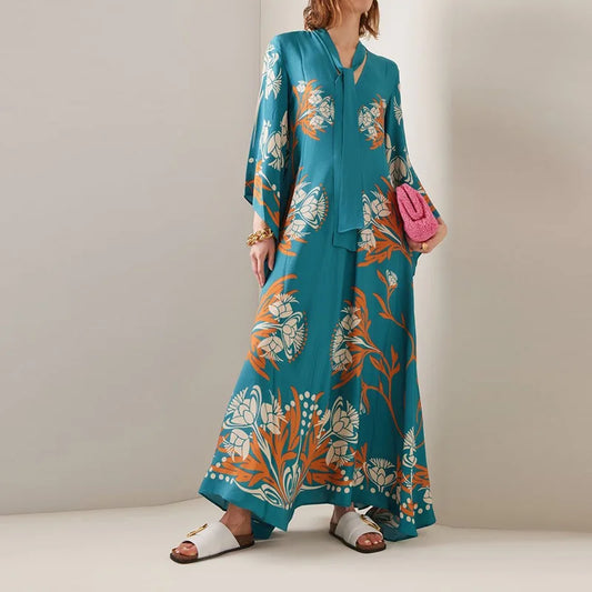 Aomi - Robe longue motifs floraux - Bleu turquoise