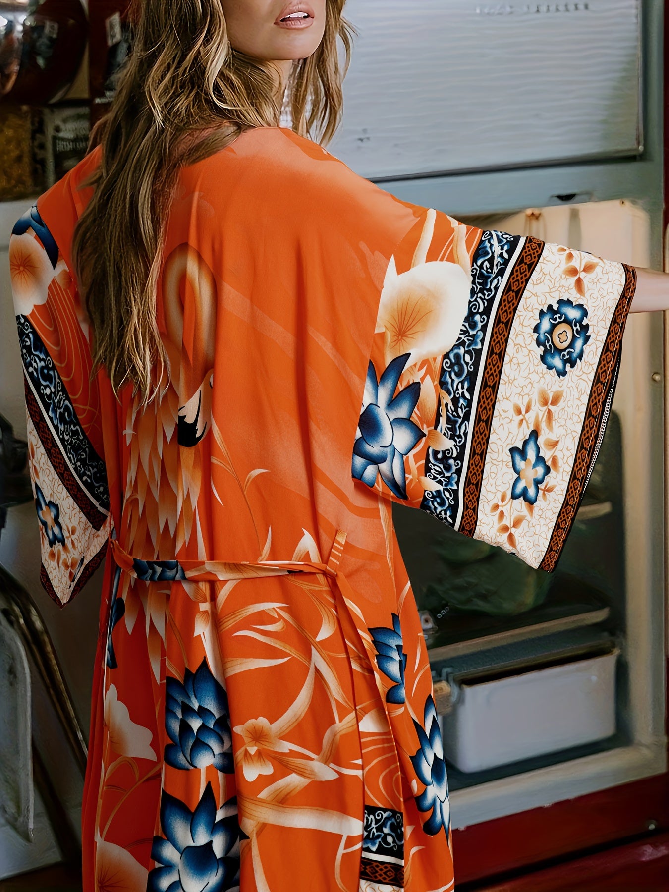 Tsuru - Kimono Moderne à Motifs -  Orange
