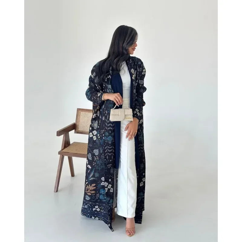 Abaya Kimono Bleu Marine Fleuri