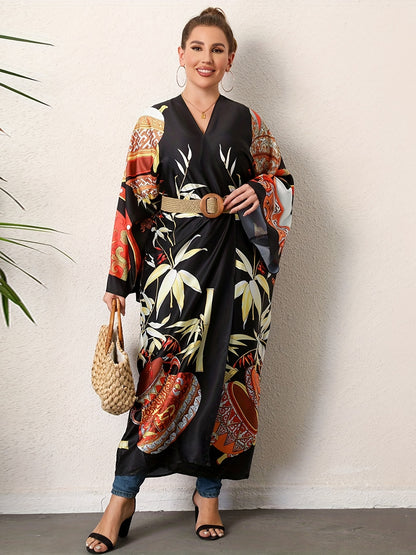 femme posant Kimono Long Femme Grande Taille – Style Japonais Noir à Imprimés Rouges